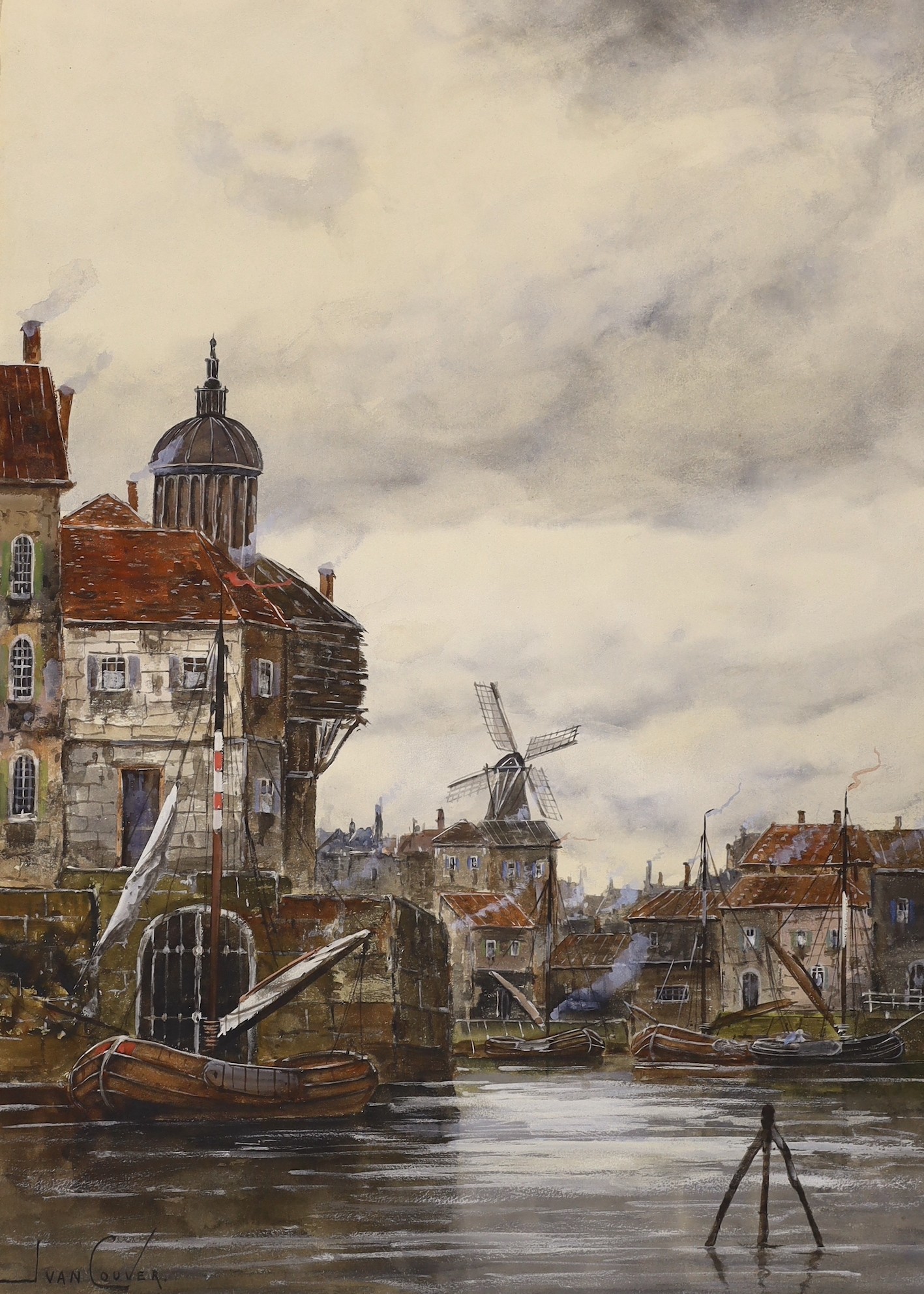 Jan Van Couver (1836-1909), oil on board, topographical view of Dutch canal town, signed, 53 x 38cm, together with a Johannes Hermanus Koekkoek (1778-1851), oil on board, Windmill by a canal, both 53 x 38cm